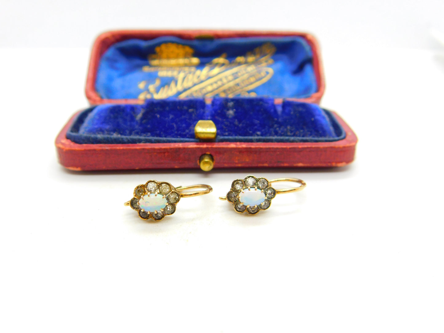 14ct Yellow Gold, Diamond Paste & Cabochon Opal Floral Earrings Antique c1920