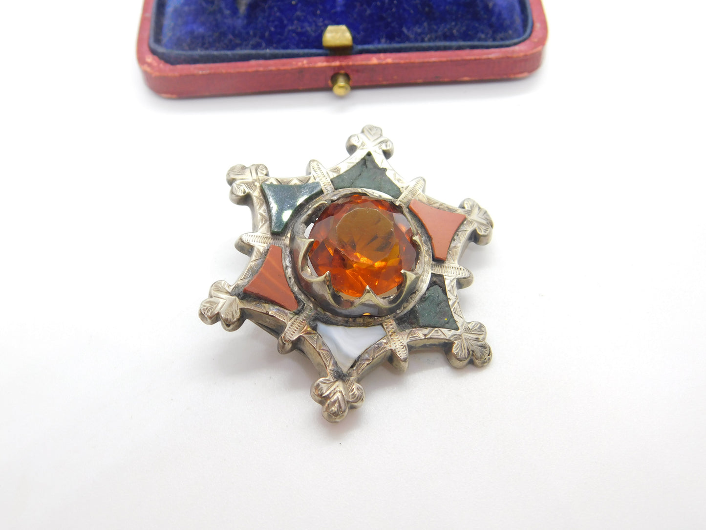 Victorian Scottish Sterling Silver Star Form Brooch Agate, Bloodstone c1860