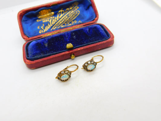 14ct Yellow Gold, Diamond Paste & Cabochon Opal Floral Earrings Antique c1920