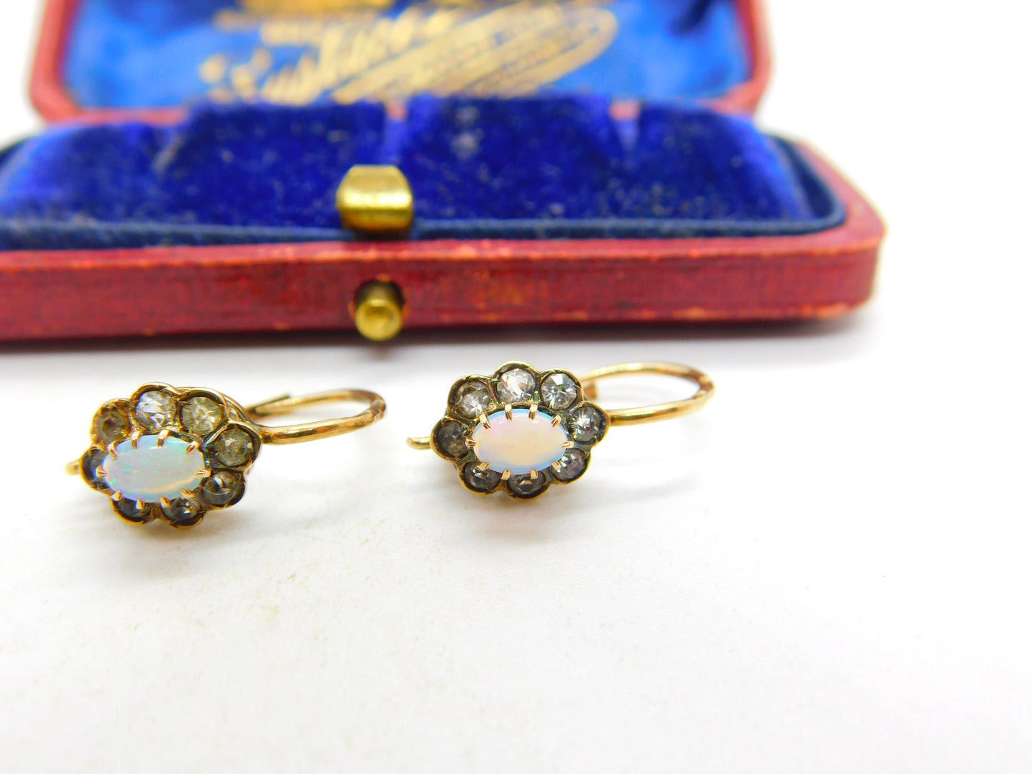 14ct Yellow Gold, Diamond Paste & Cabochon Opal Floral Earrings Antique c1920