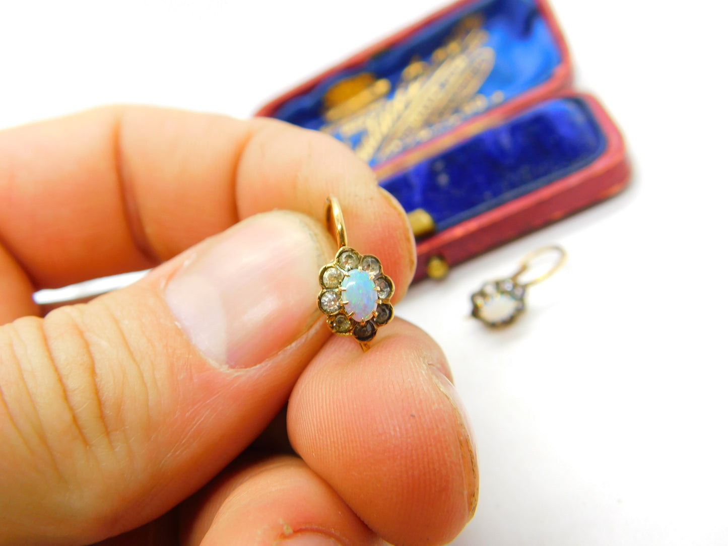 14ct Yellow Gold, Diamond Paste & Cabochon Opal Floral Earrings Antique c1920