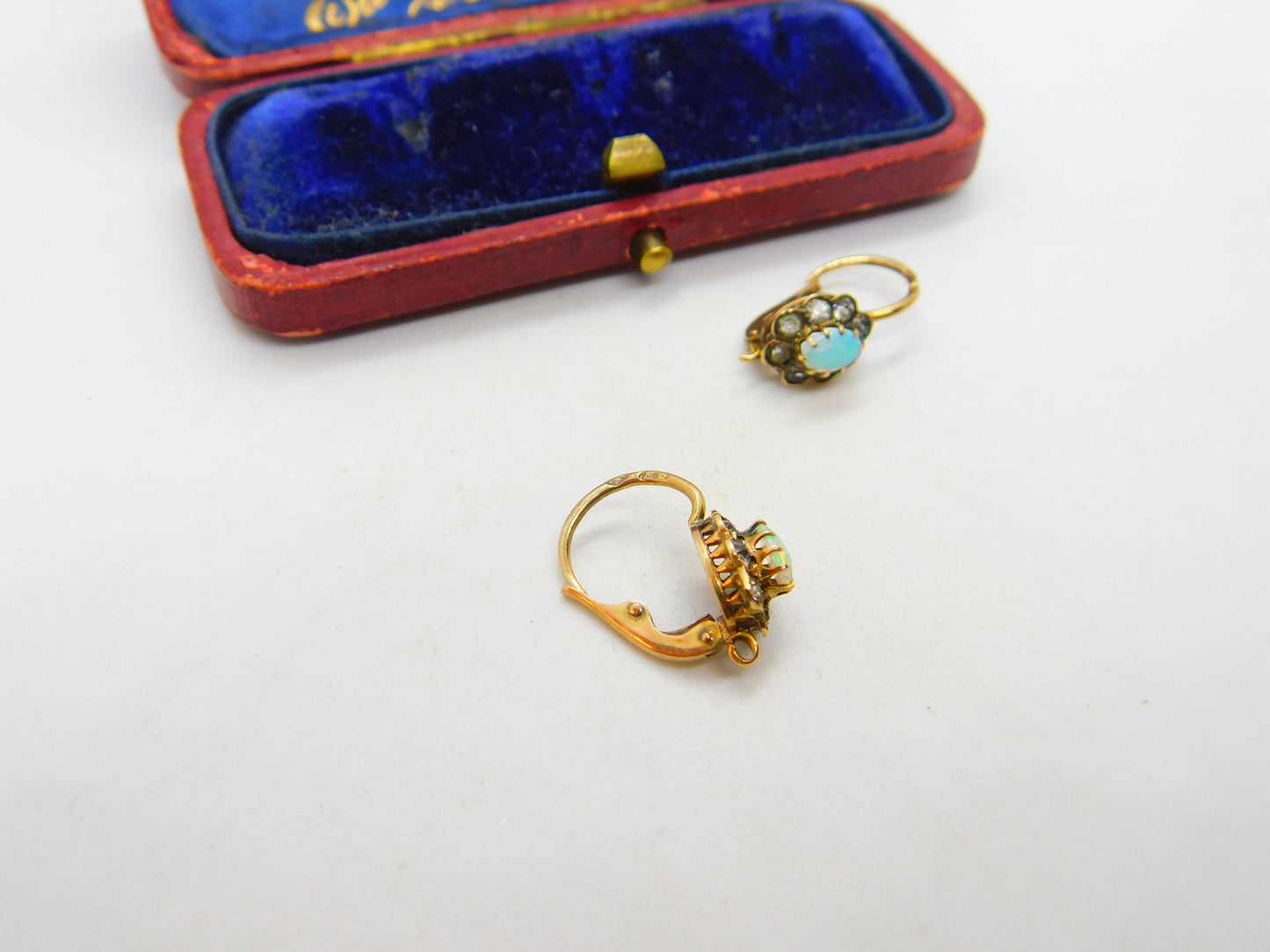 14ct Yellow Gold, Diamond Paste & Cabochon Opal Floral Earrings Antique c1920