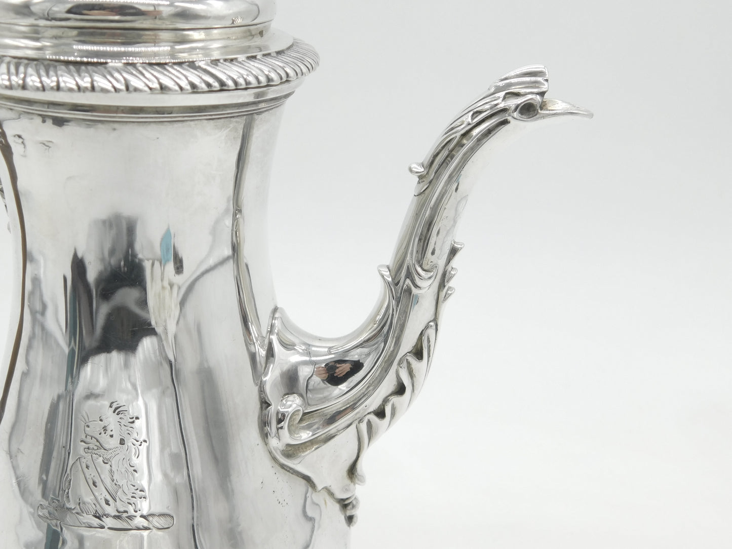 George III Sterling Silver Baluster Coffee Pot Lion Crest Antique 1764 London