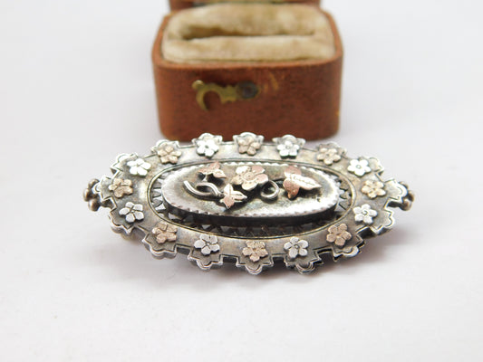 Victorian 9ct Gold & Sterling Silver Floral Sweetheart Brooch 1892 Birmingham