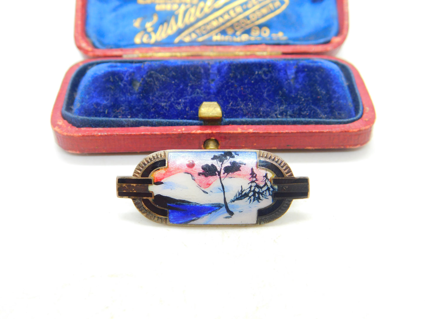 Norway Sterling Silver & Enamel Winter Scene Brooch Antique c1930 Art Deco