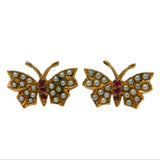 Victorian 9ct Yellow Gold, Seed Pearl & Ruby Butterfly Stud Earrings Antique