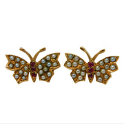Victorian 9ct Yellow Gold, Seed Pearl & Ruby Butterfly Stud Earrings Antique