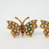 Victorian 9ct Yellow Gold, Seed Pearl & Ruby Butterfly Stud Earrings Antique