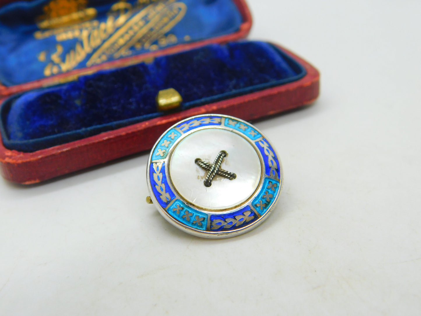 Sterling Silver, Enamel & Mother Of Pearl Button Brooch Antique 1911 Birmingham