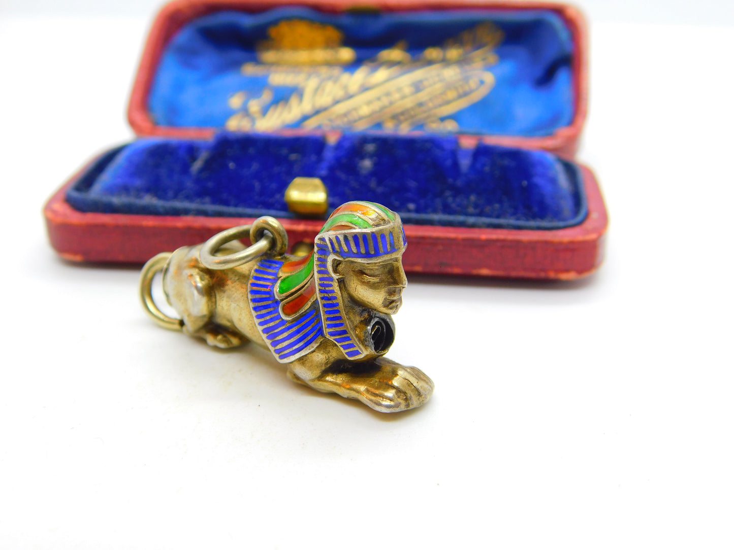 Egyptian Gold on Sterling Silver & Enamel Sphinz Propelling Pencil Pendant c1920