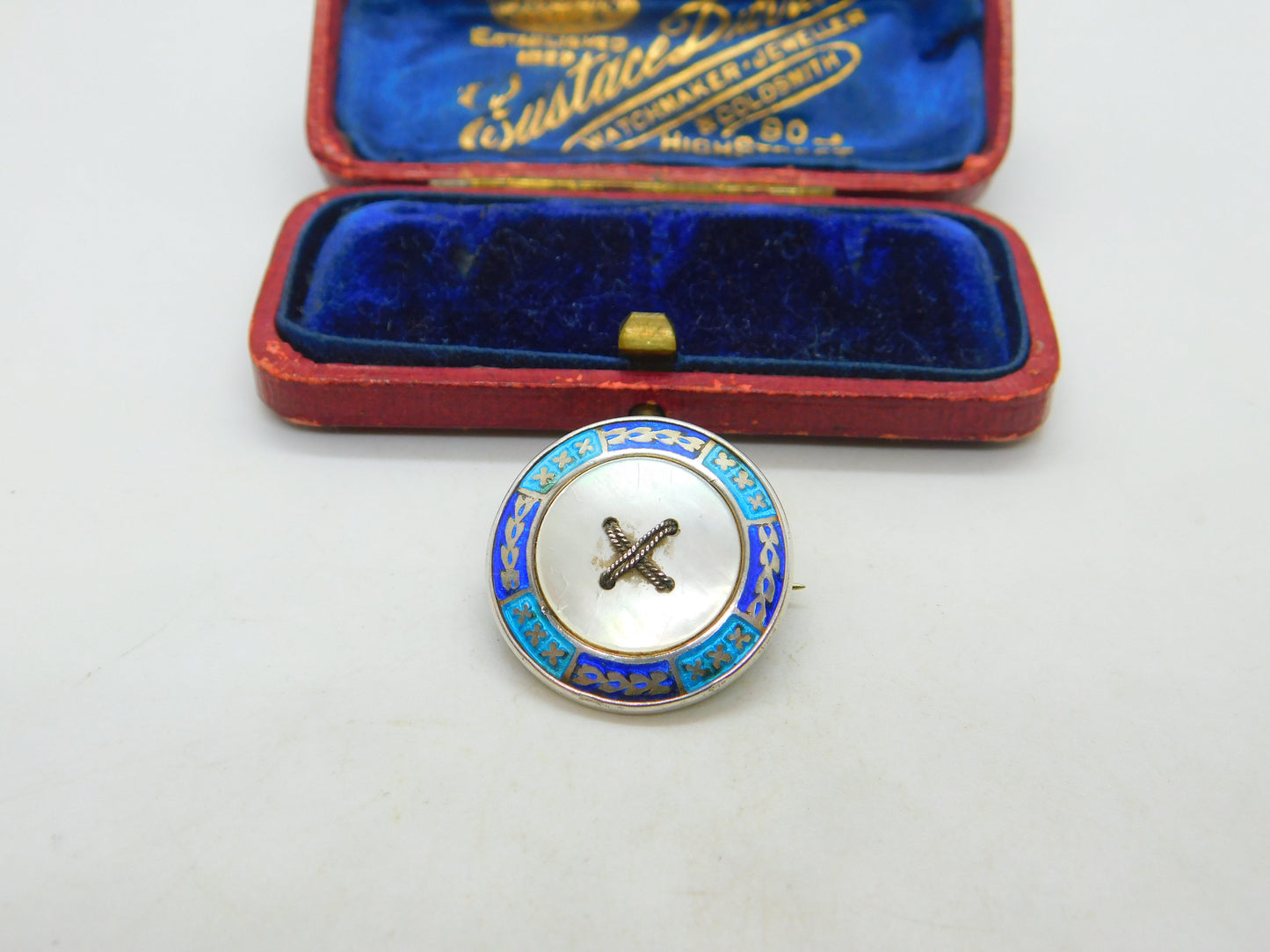 Sterling Silver, Enamel & Mother Of Pearl Button Brooch Antique 1911 Birmingham