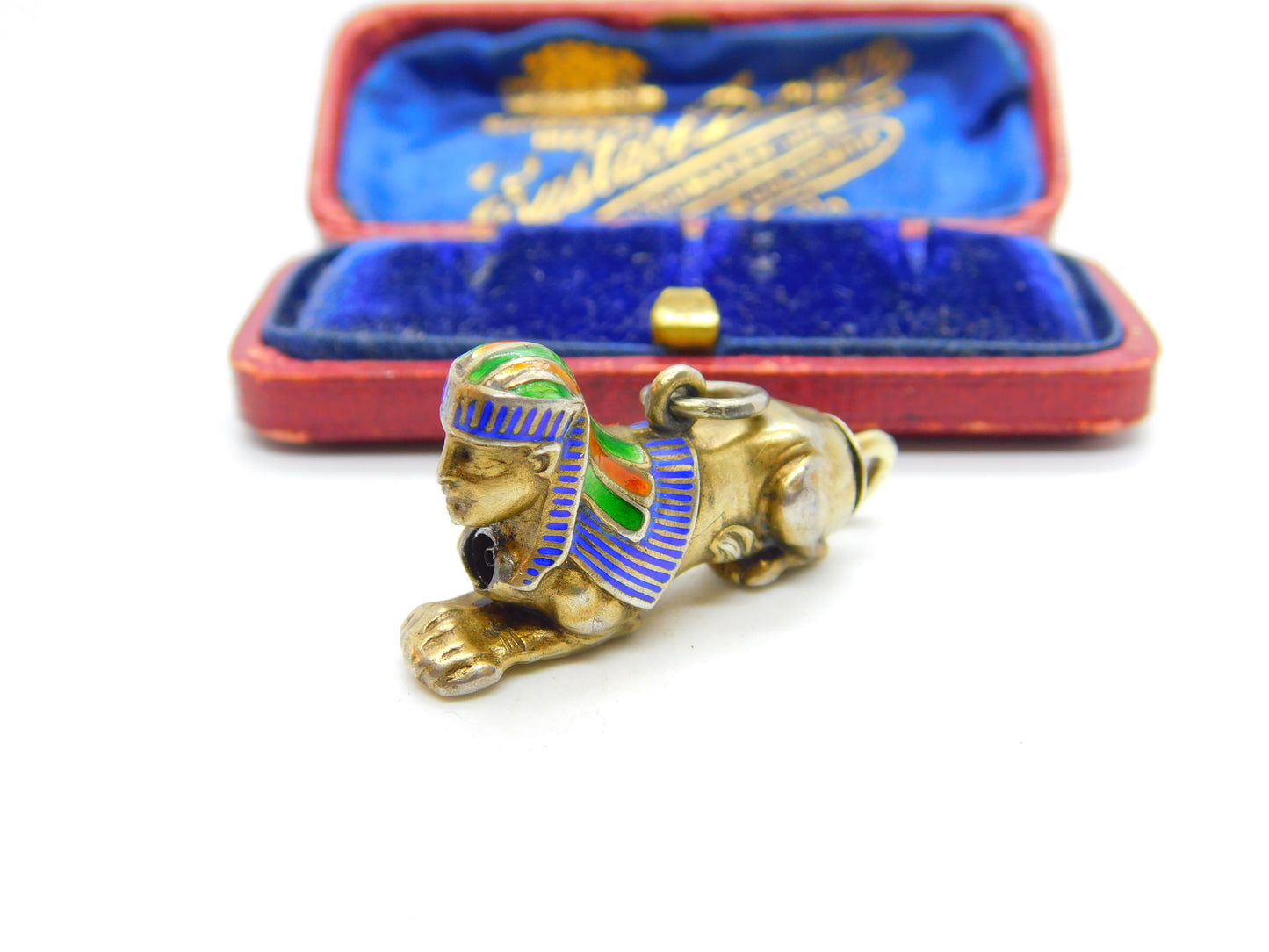 Egyptian Gold on Sterling Silver & Enamel Sphinz Propelling Pencil Pendant c1920