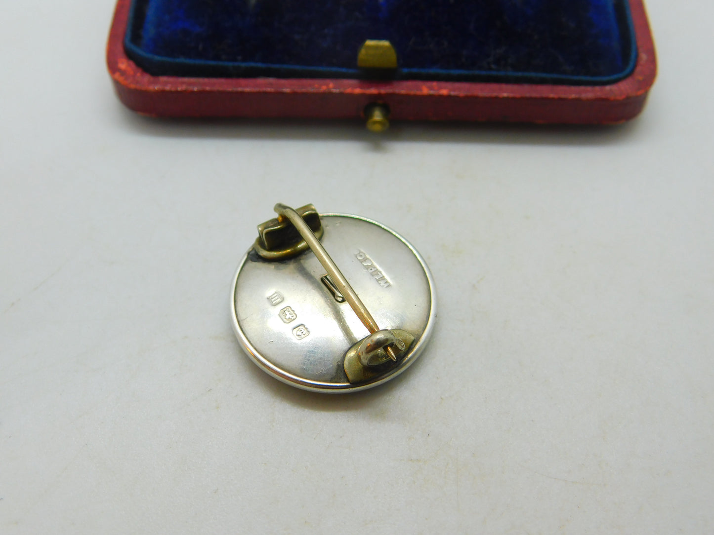 Sterling Silver, Enamel & Mother Of Pearl Button Brooch Antique 1911 Birmingham