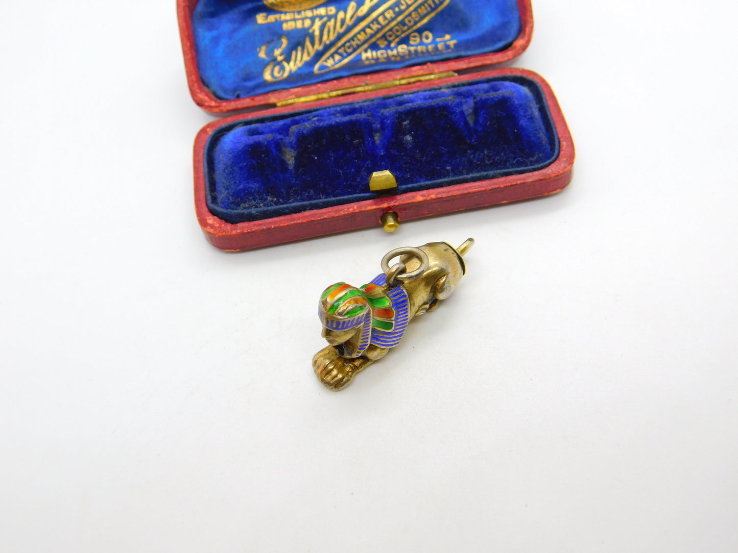 Egyptian Gold on Sterling Silver & Enamel Sphinz Propelling Pencil Pendant c1920