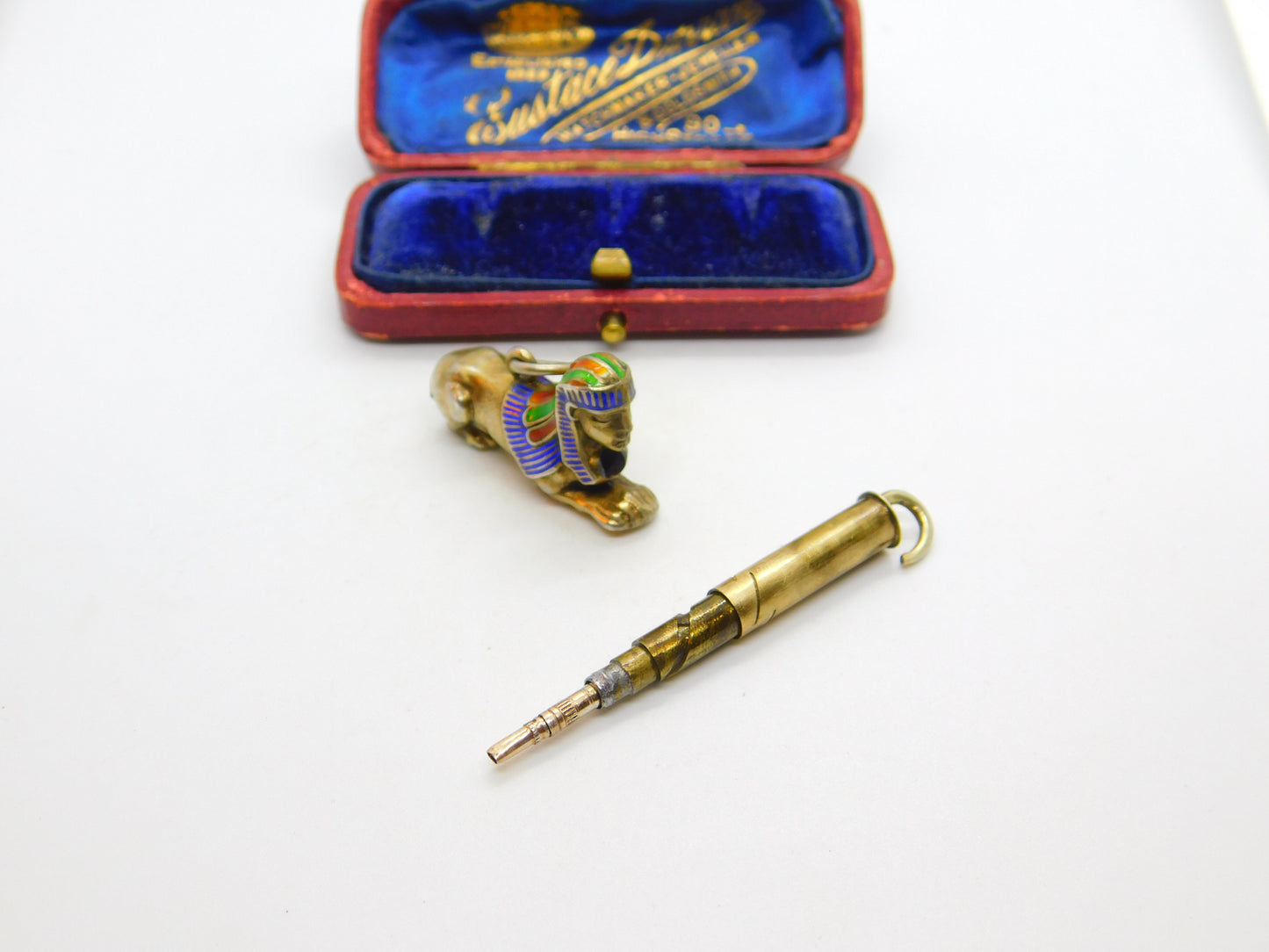 Egyptian Gold on Sterling Silver & Enamel Sphinz Propelling Pencil Pendant c1920