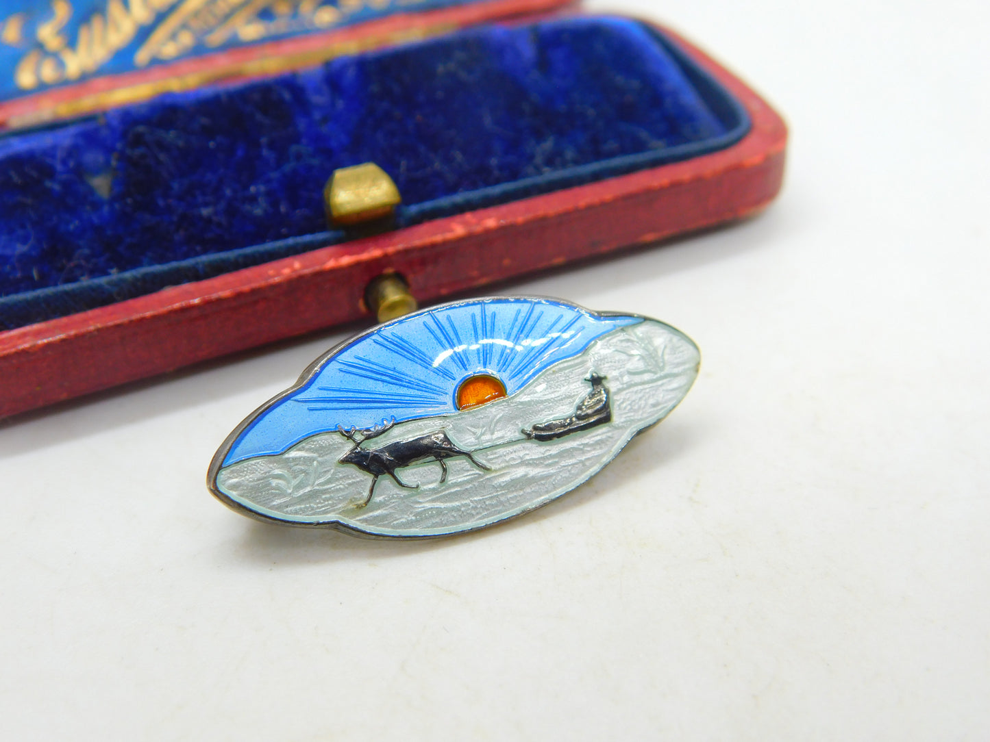 Aksel Holmsen Sterling Silver & Enamel Reindeer Sled Brooch Antique c1930 Deco