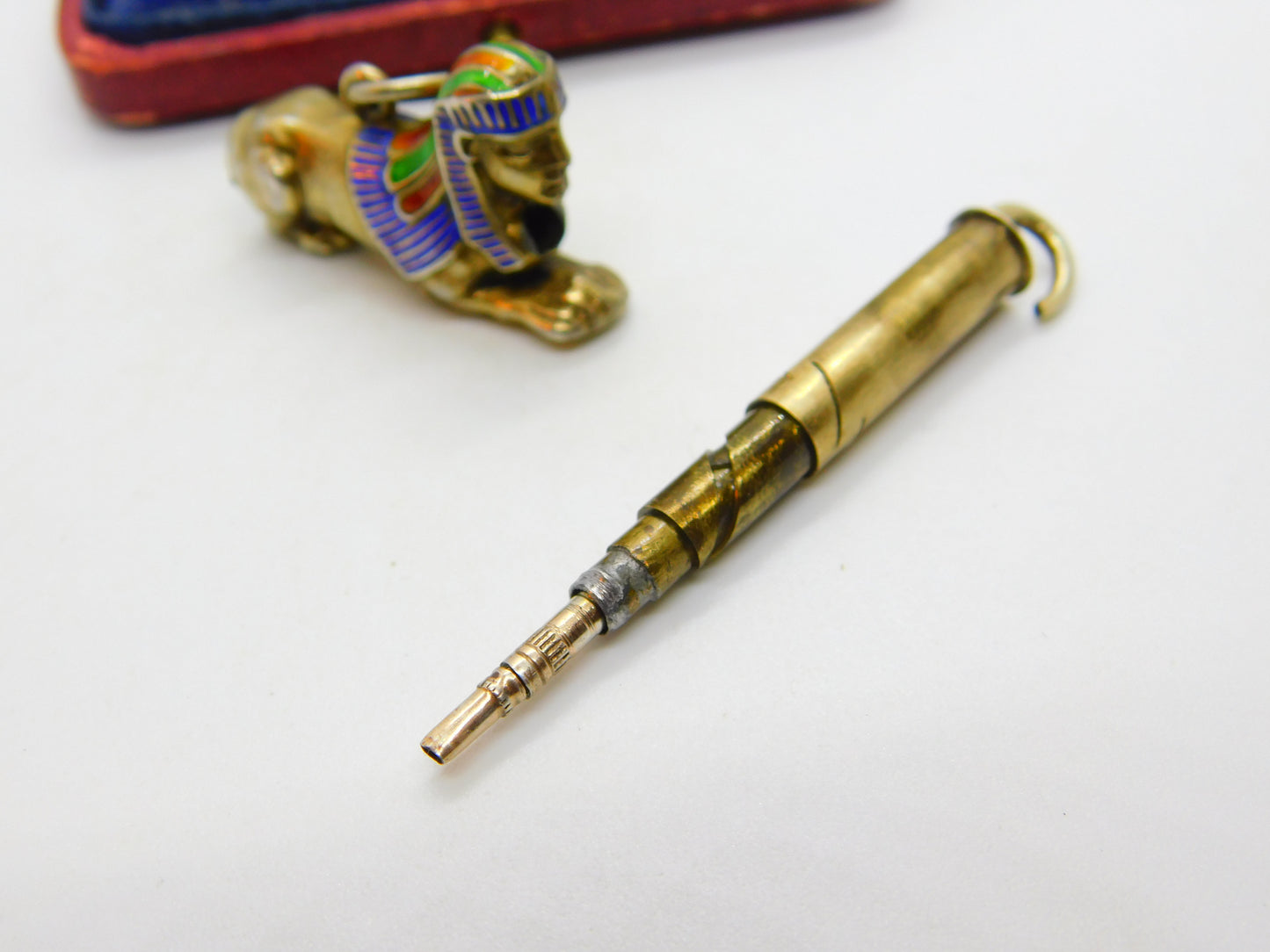 Egyptian Gold on Sterling Silver & Enamel Sphinz Propelling Pencil Pendant c1920