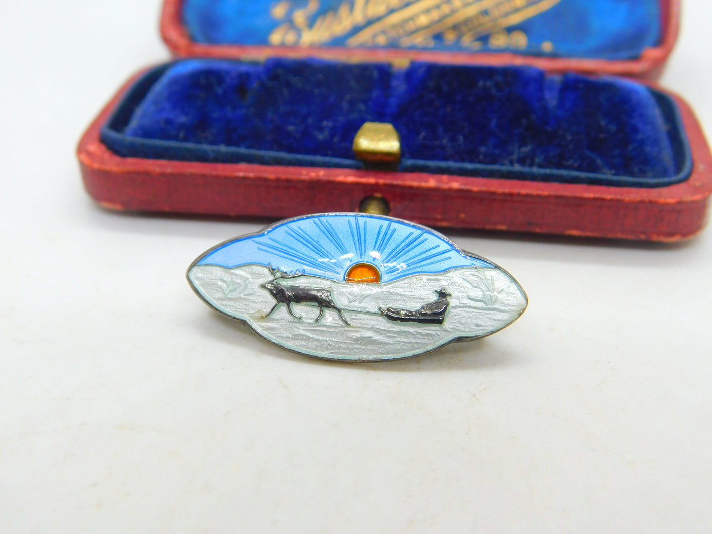 Aksel Holmsen Sterling Silver & Enamel Reindeer Sled Brooch Antique c1930 Deco