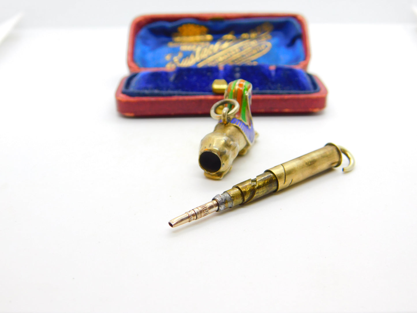 Egyptian Gold on Sterling Silver & Enamel Sphinz Propelling Pencil Pendant c1920