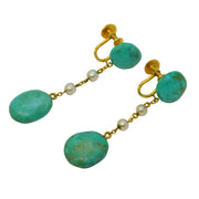 10ct Yellow Gold, Turquoise & Pearl Screw-Back Earrings Antique c1920 Art Deco
