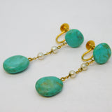 10ct Yellow Gold, Turquoise & Pearl Screw-Back Earrings Antique c1920 Art Deco