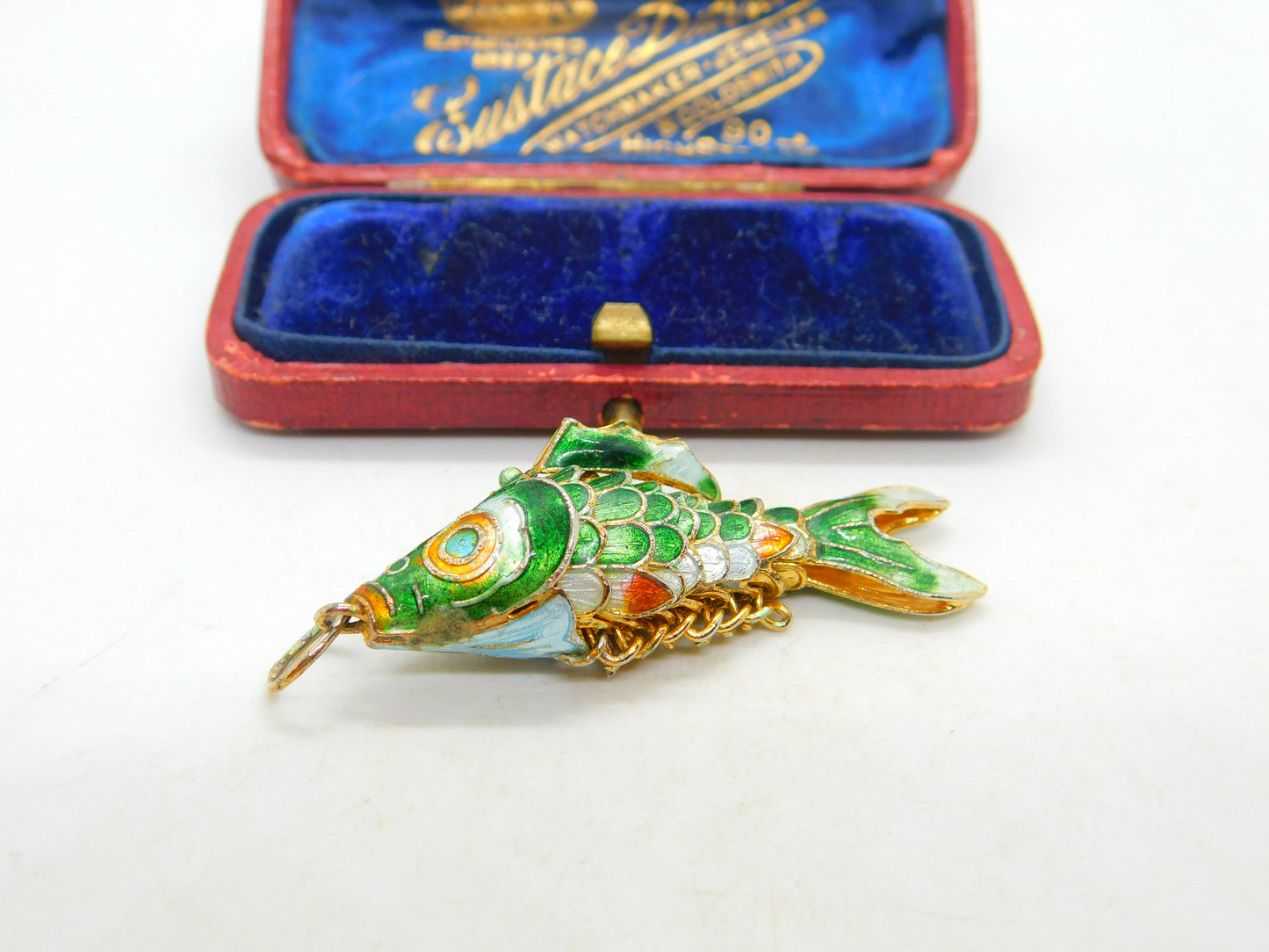 Chinese Export Sterling Silver Gilt & Enamel Flapping Fish Pendant Mid-Century