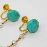 10ct Yellow Gold, Turquoise & Pearl Screw-Back Earrings Antique c1920 Art Deco