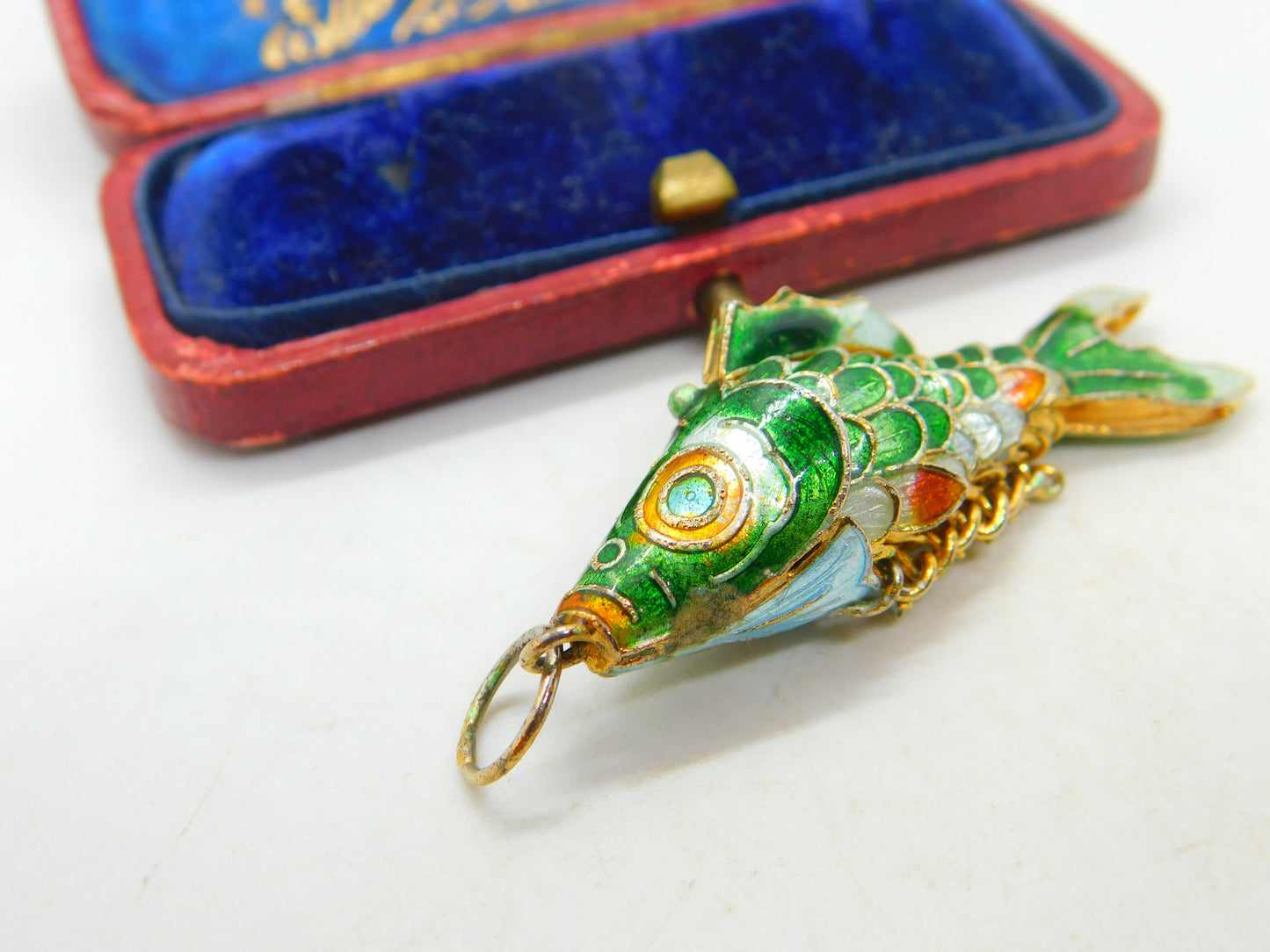 Chinese Export Sterling Silver Gilt & Enamel Flapping Fish Pendant Mid-Century