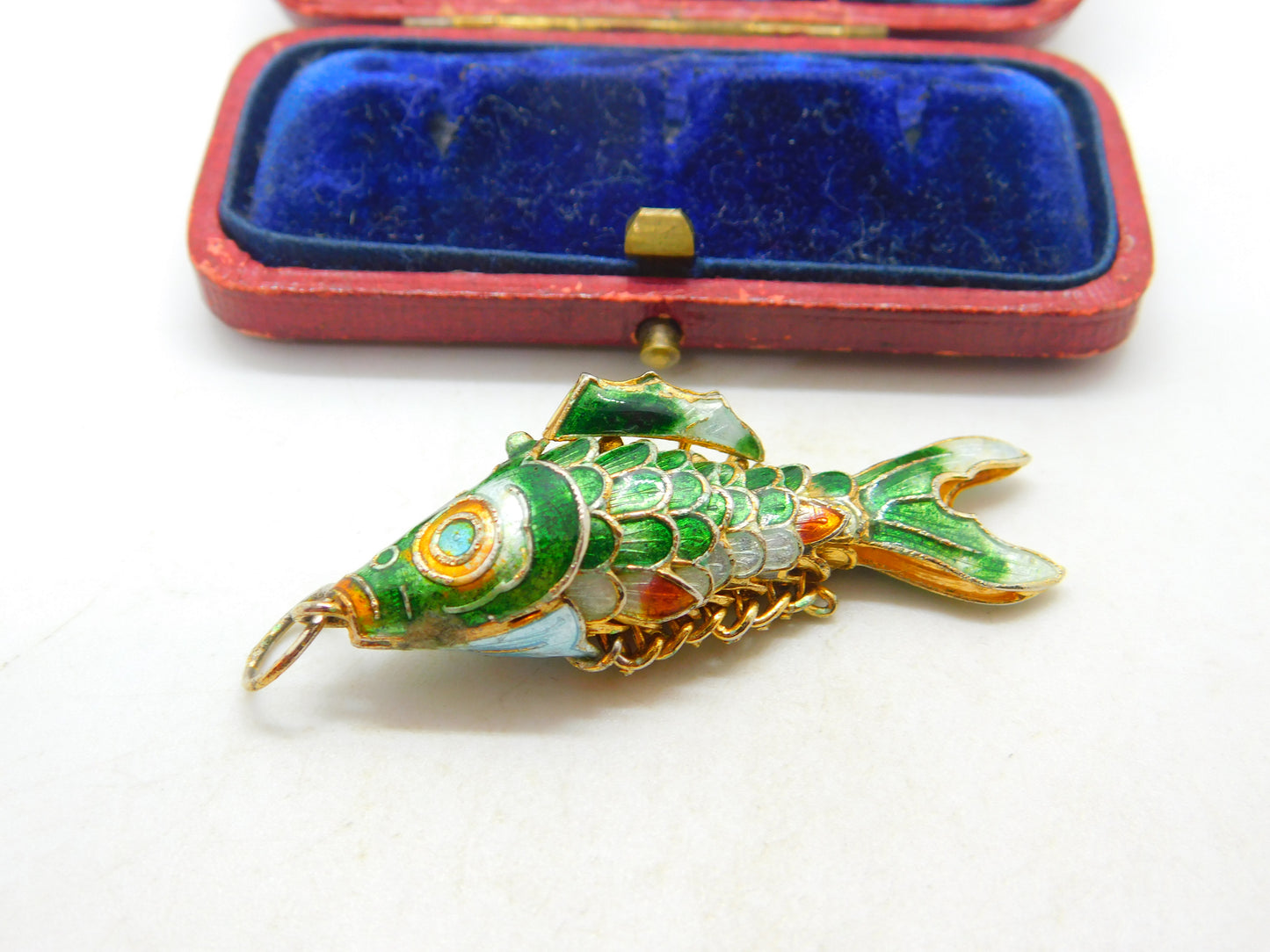 Chinese Export Sterling Silver Gilt & Enamel Flapping Fish Pendant Mid-Century