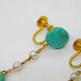 10ct Yellow Gold, Turquoise & Pearl Screw-Back Earrings Antique c1920 Art Deco