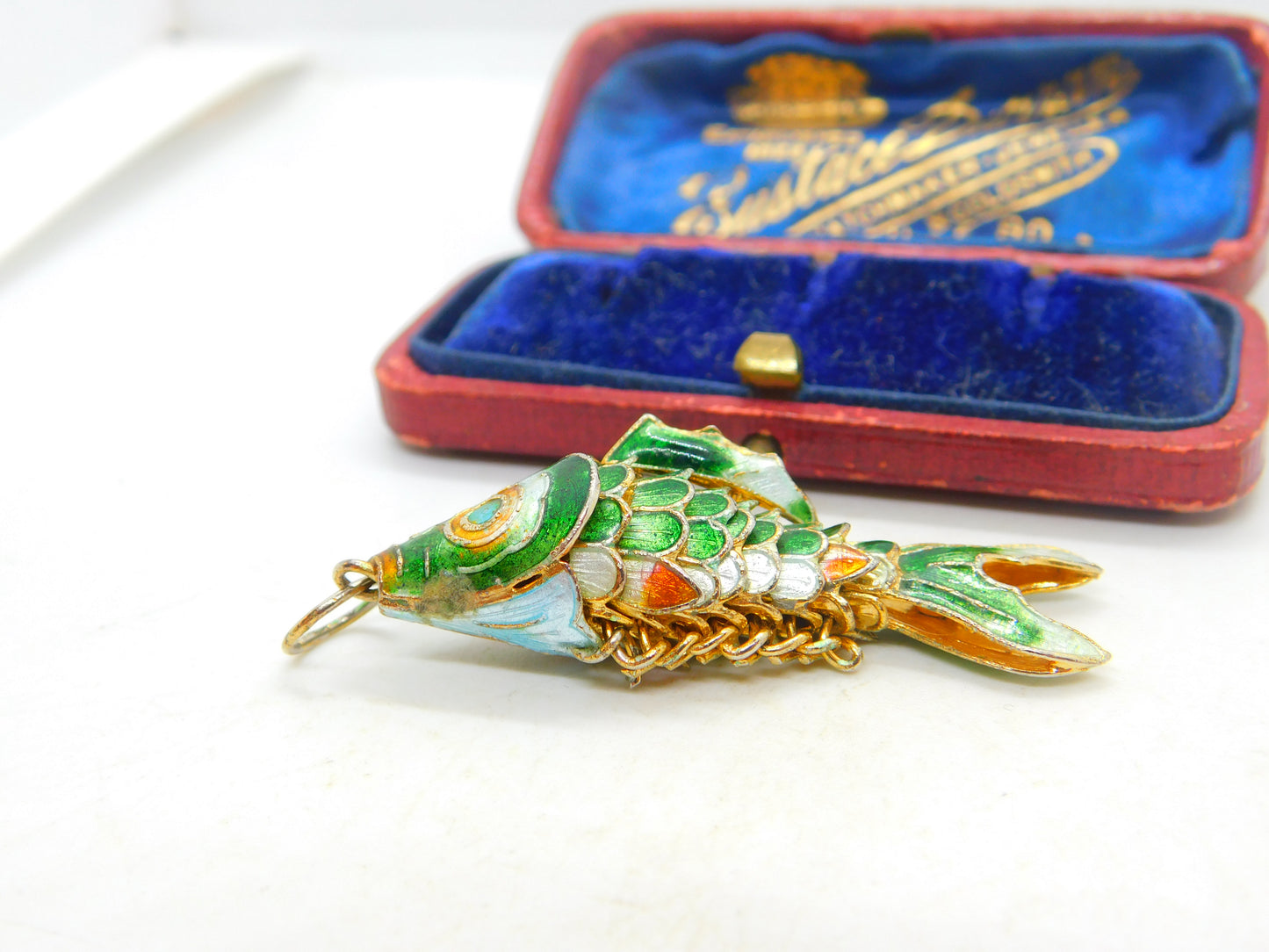 Chinese Export Sterling Silver Gilt & Enamel Flapping Fish Pendant Mid-Century