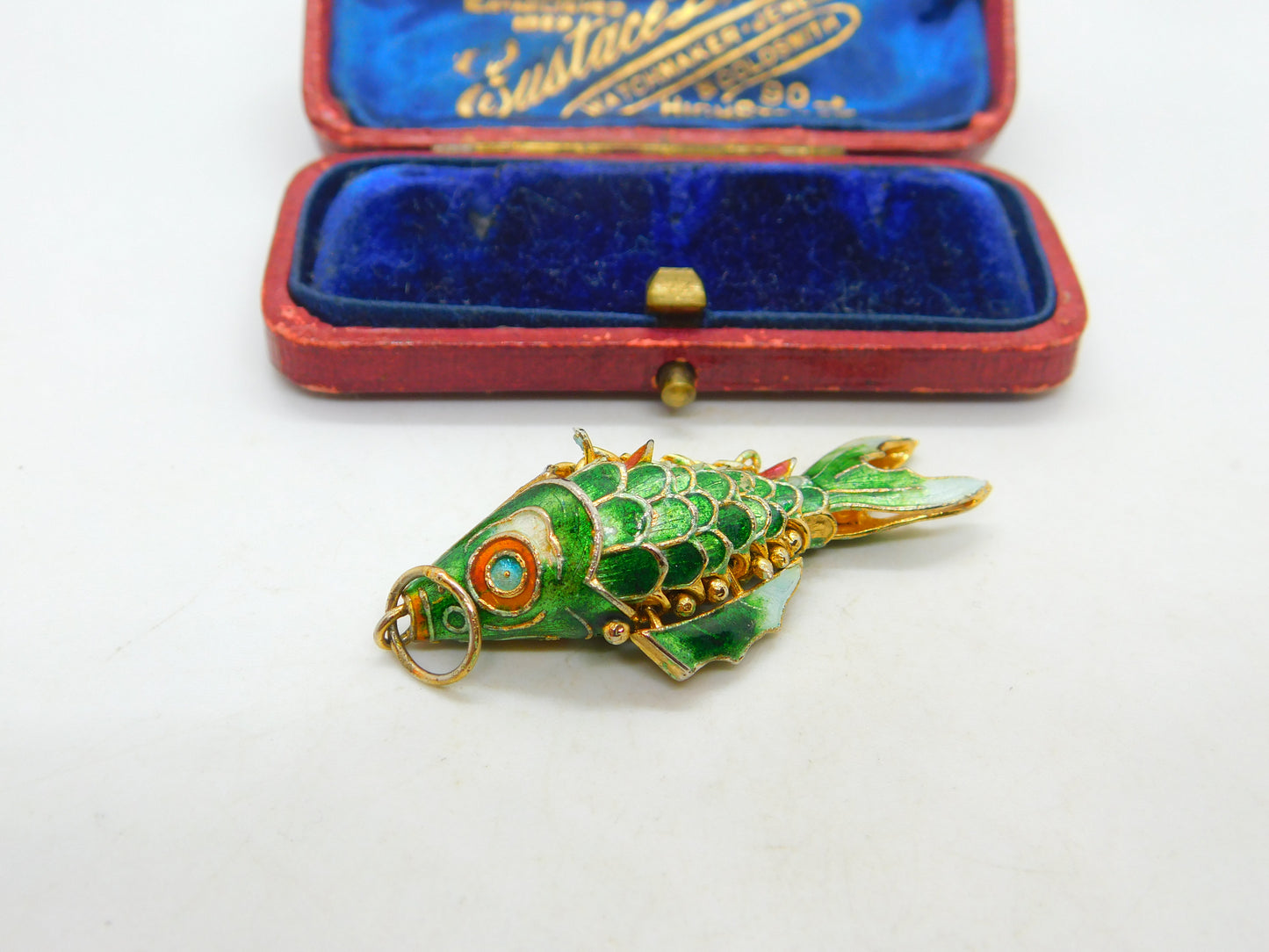 Chinese Export Sterling Silver Gilt & Enamel Flapping Fish Pendant Mid-Century