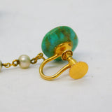 10ct Yellow Gold, Turquoise & Pearl Screw-Back Earrings Antique c1920 Art Deco