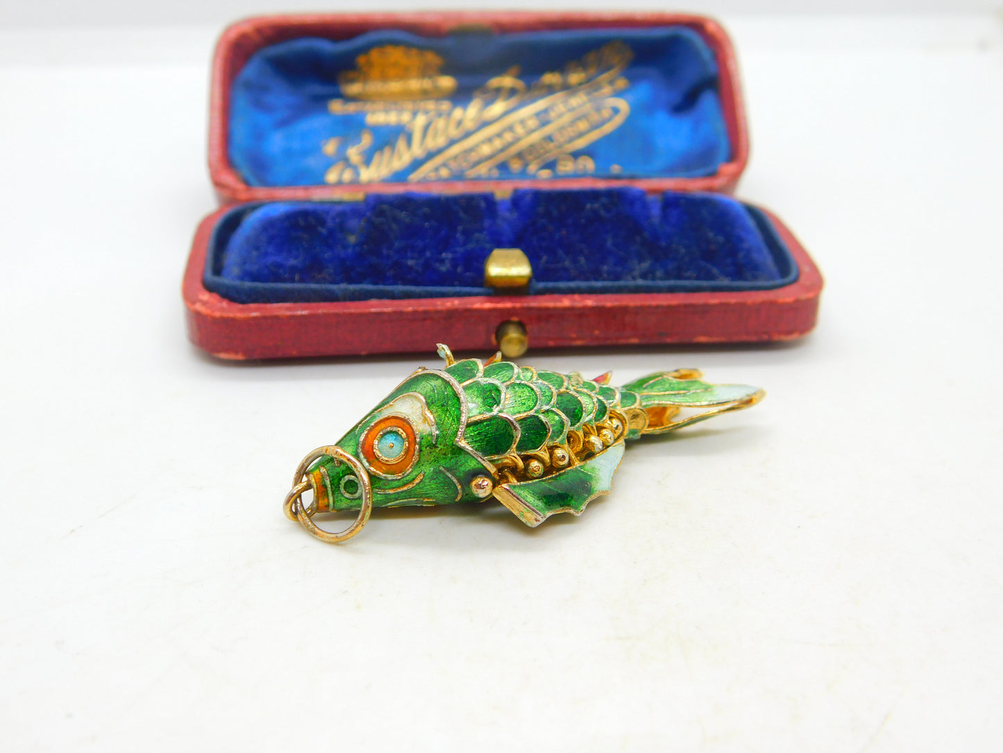 Chinese Export Sterling Silver Gilt & Enamel Flapping Fish Pendant Mid-Century