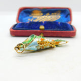 Chinese Export Sterling Silver Gilt & Enamel Flapping Fish Pendant Mid-Century