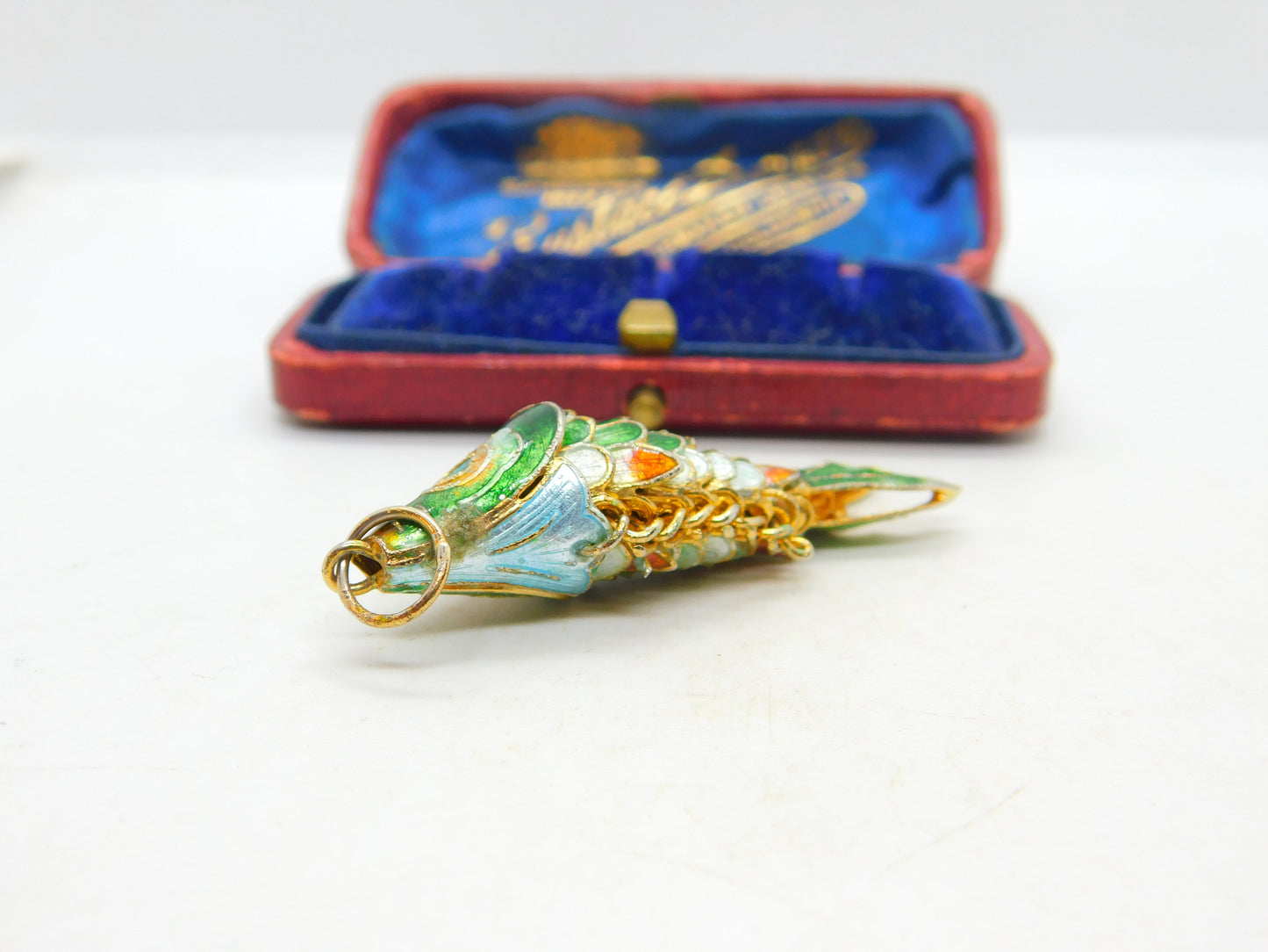 Chinese Export Sterling Silver Gilt & Enamel Flapping Fish Pendant Mid-Century