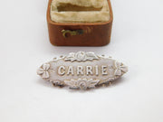 Victorian Sterling Silver 'Carrie' Name Sweetheart Brooch 1893 Birmingham Antiqu