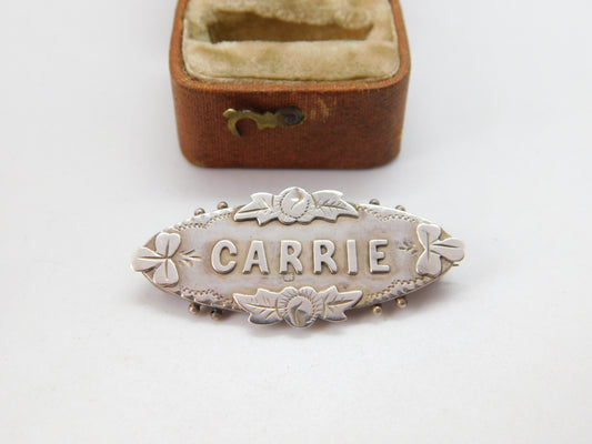 Victorian Sterling Silver 'Carrie' Name Sweetheart Brooch 1893 Birmingham Antiqu