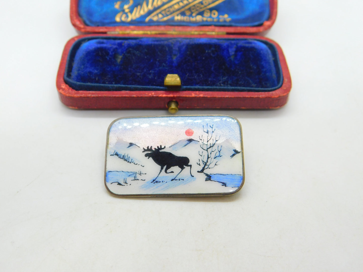 Norne Aksel Holmsen Sterling Silver & Enamel Reindeer Scene Brooch Mid-Century