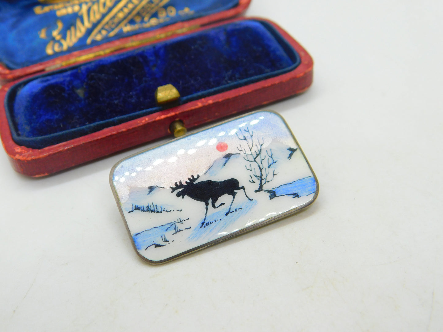 Norne Aksel Holmsen Sterling Silver & Enamel Reindeer Scene Brooch Mid-Century