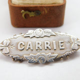 Victorian Sterling Silver 'Carrie' Name Sweetheart Brooch 1893 Birmingham Antiqu