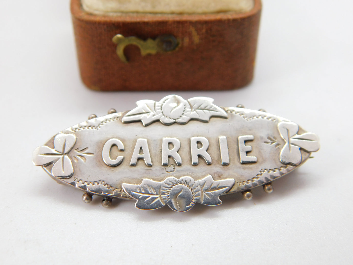 Victorian Sterling Silver 'Carrie' Name Sweetheart Brooch 1893 Birmingham Antiqu