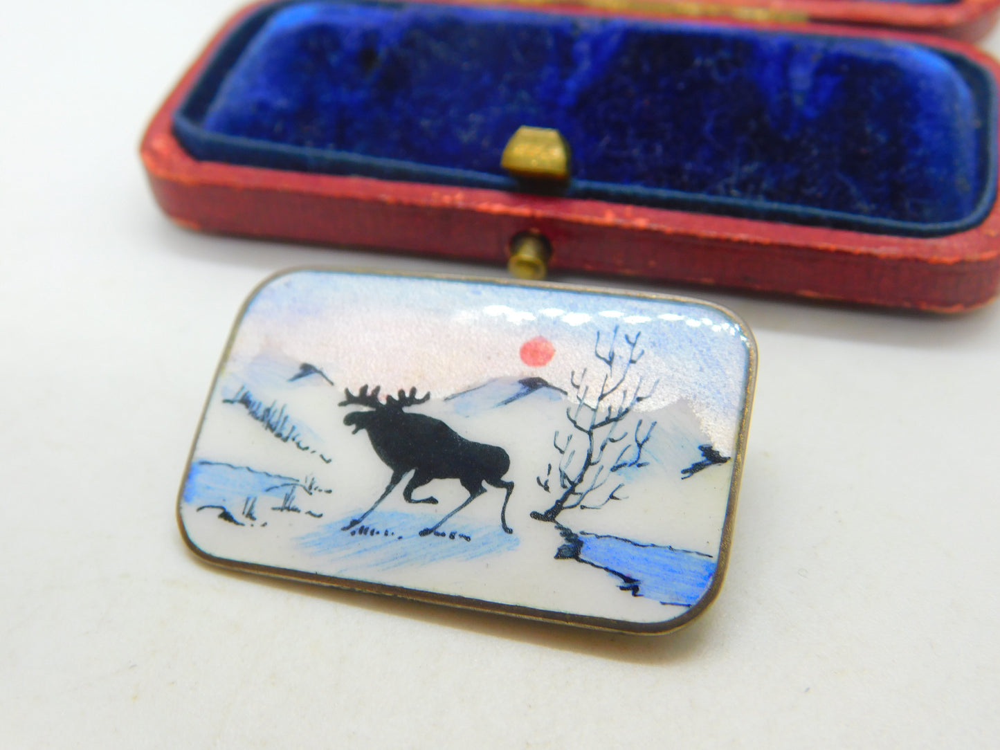 Norne Aksel Holmsen Sterling Silver & Enamel Reindeer Scene Brooch Mid-Century