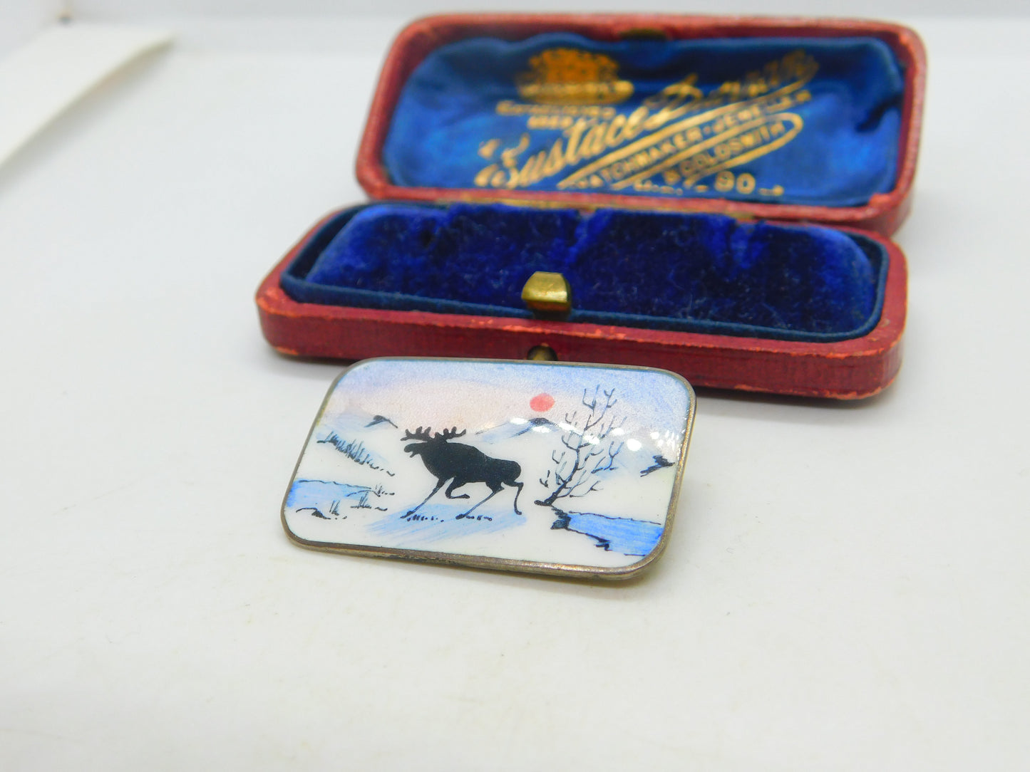 Norne Aksel Holmsen Sterling Silver & Enamel Reindeer Scene Brooch Mid-Century