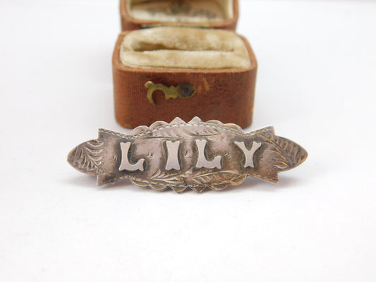 Victorian Sterling Silver 'Lily' Name Sweetheart Brooch 1888 Antique Birmingham