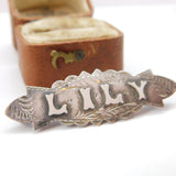 Victorian Sterling Silver 'Lily' Name Sweetheart Brooch 1888 Antique Birmingham
