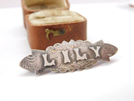 Victorian Sterling Silver 'Lily' Name Sweetheart Brooch 1888 Antique Birmingham