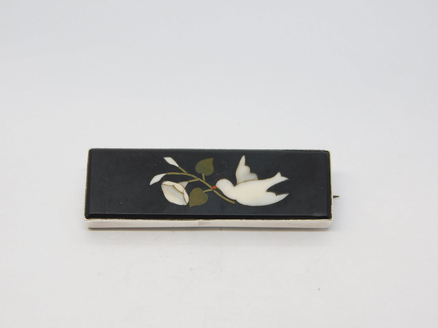 19th Century Sterling Silver & Italian Pietra Dura Dove of Peace Brooch Antique c1860
