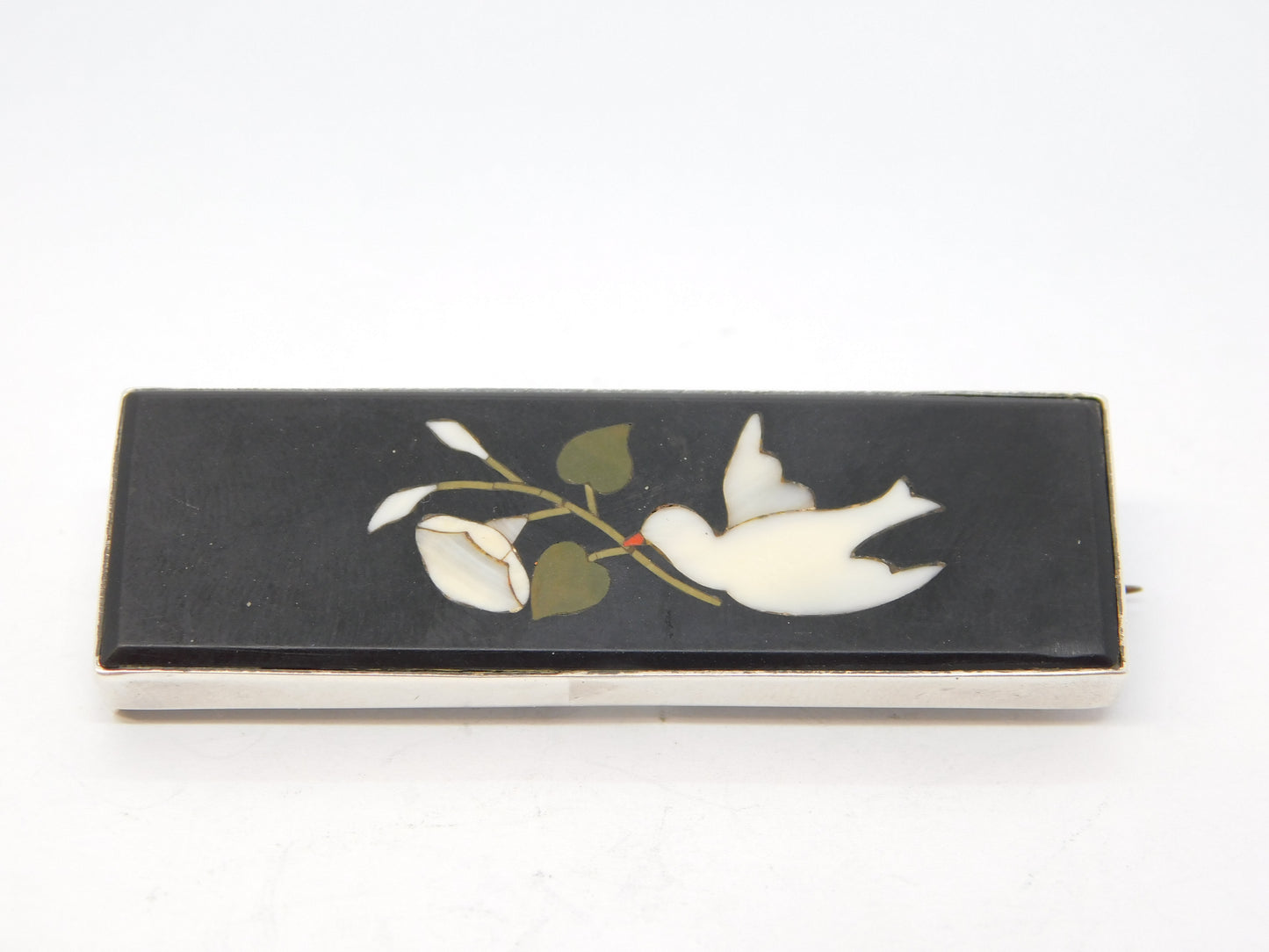19th Century Sterling Silver & Italian Pietra Dura Dove of Peace Brooch Antique c1860