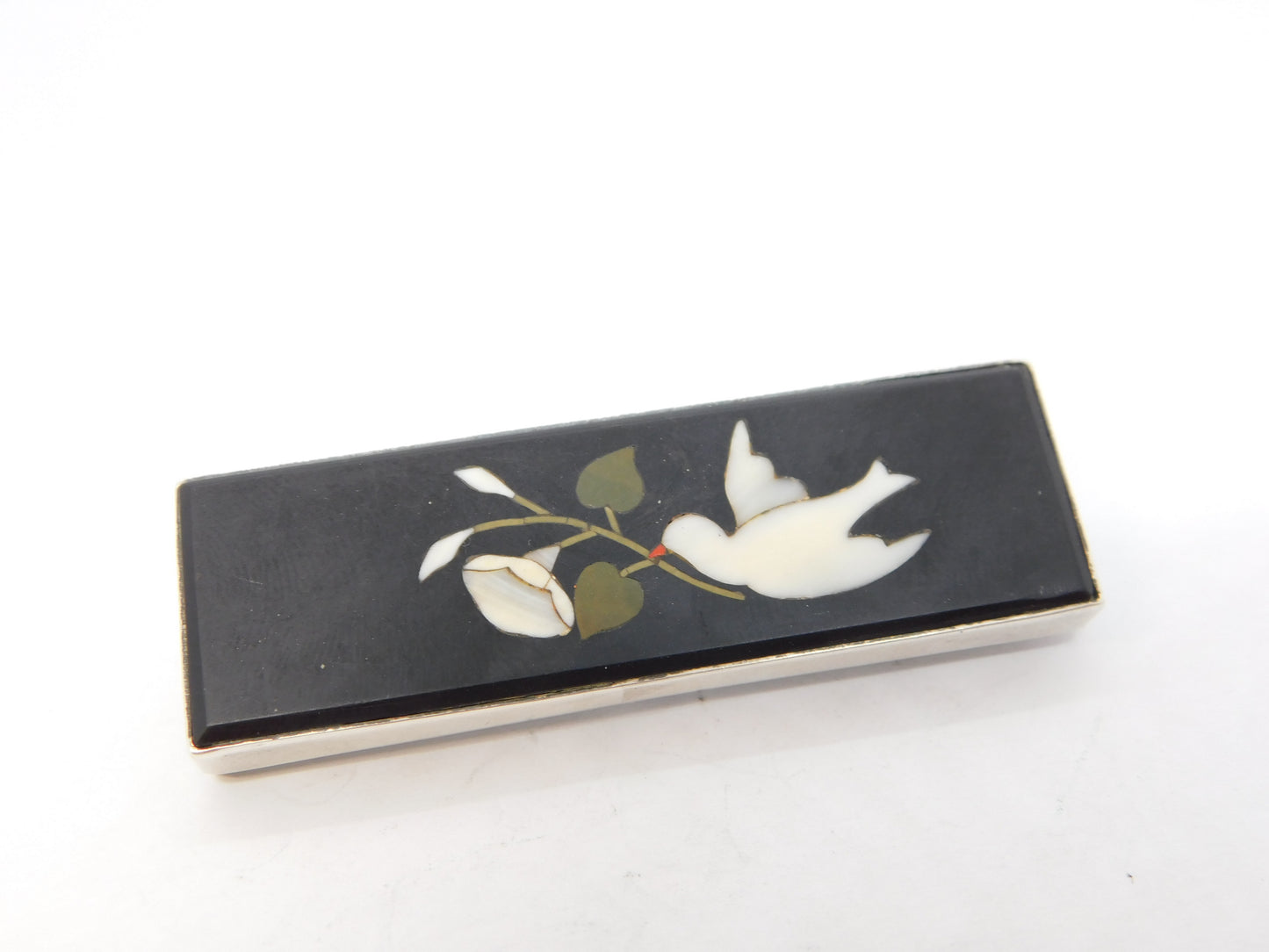 19th Century Sterling Silver & Italian Pietra Dura Dove of Peace Brooch Antique c1860